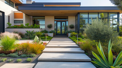 Fototapeta premium Modern house front entrance with glass doors and minimalist landscaping