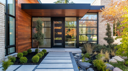 modern luxury house entrance with black framed windows and vibrant garden landscaping