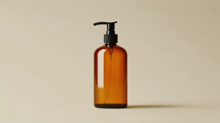 Elegant amber bottle with a pump on a minimalist beige background, ideal for product mockups in beauty and healthcare.