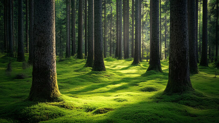 A serene forest landscape with towering trees and a soft carpet of moss.