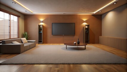 Fototapeta premium Minimalist interior design of modern entertainment room with carpet brown wall