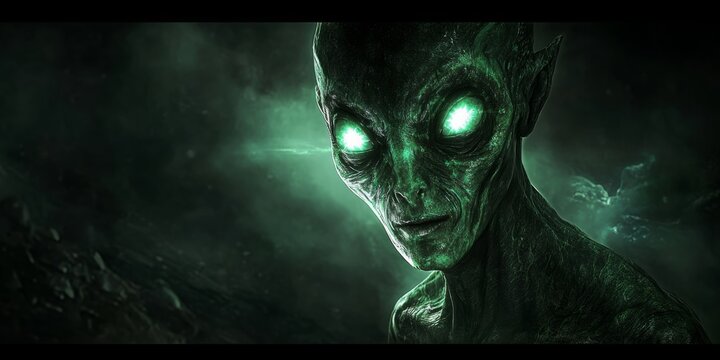 Futuristic glowing alien with large black eyes, emanating an eerie light in a dark and mysterious setting, representing the intriguing concept of extraterrestrial life.