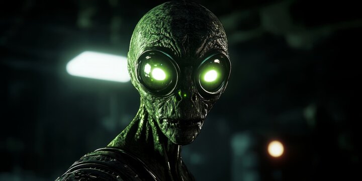 Futuristic glowing alien with large black eyes, emanating an eerie light in a dark and mysterious setting, representing the intriguing concept of extraterrestrial life.