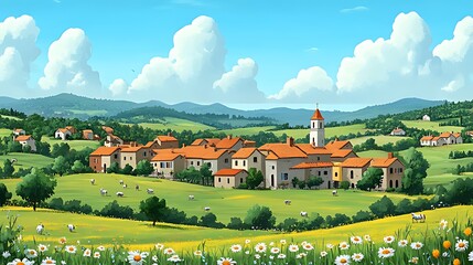 A charming village nestled in a lush green valley, surrounded by rolling hills and a bright blue sky. 