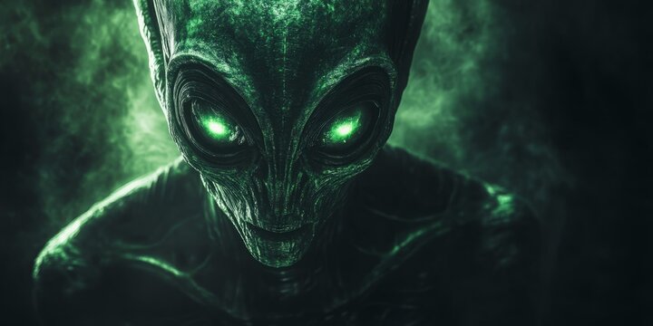 Futuristic glowing alien with large black eyes, emanating an eerie light in a dark and mysterious setting, representing the intriguing concept of extraterrestrial life.