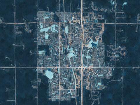 Painterly Style City Map of Airdrie Alberta, Canada in a Blue Color Scheme.