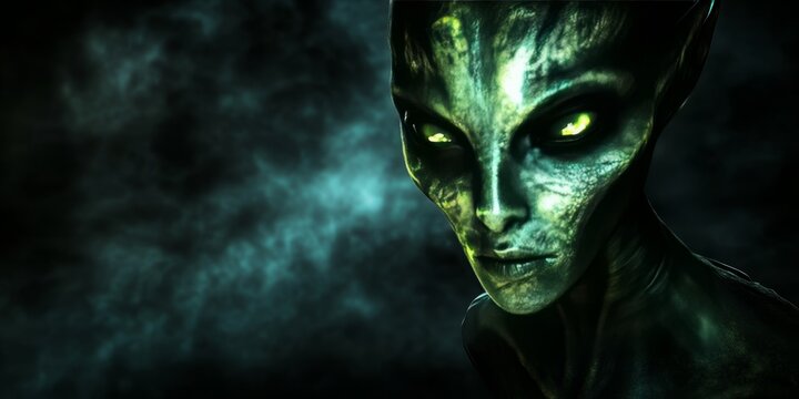 Futuristic glowing alien with large black eyes, emanating an eerie light in a dark and mysterious setting, representing the intriguing concept of extraterrestrial life.