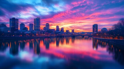 Fototapeta premium 145. A vibrant city skyline at sunset, with colorful lights reflecting on a calm river