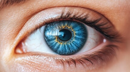 Close-up of a vibrant blue eye showcasing intricate details and colors.