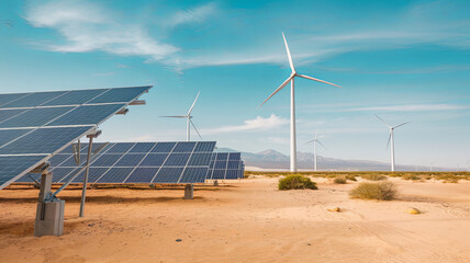 panoramic shot of desert landscape featuring solar panels and wind turbines, showcasing renewable energy in natural setting. scene evokes sense of sustainability and innovation