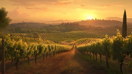 Fototapeta premium 146. A tranquil vineyard in Tuscany at sunset, with rolling hills and grapevines stretching into the distance