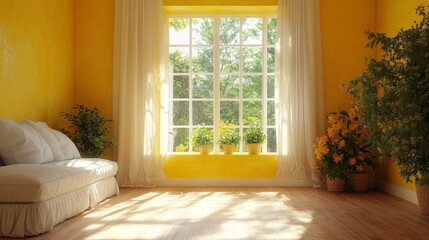 A room filled with vibrant yellow walls and large windows, soaking in sunlight, featuring a white sofa and lush indoor plants.