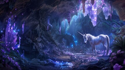 Mystical Unicorn in a Crystal Cave