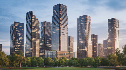 Futuristic city skyline featuring tall buildings with glass facades, surrounded by green trees and clear sky. modern architecture reflects innovation and urban development