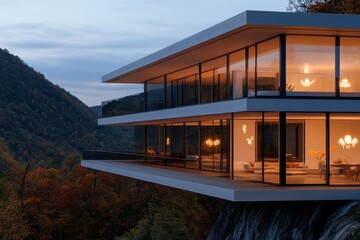 Fototapeta premium A striking modern residence perched on a cliff edge, boasting glass walls and glowing Halloween lighting, set against a dramatic natural backdrop.