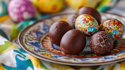32. A close-up of chocolate truffle eggs placed on a decorative plate surrounded by colorful wrappers