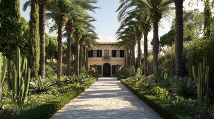 Obraz premium An idyllic Mediterranean villa lined with towering palms and a sun-drenched pathway, nestled amidst lush, vivid greenery.