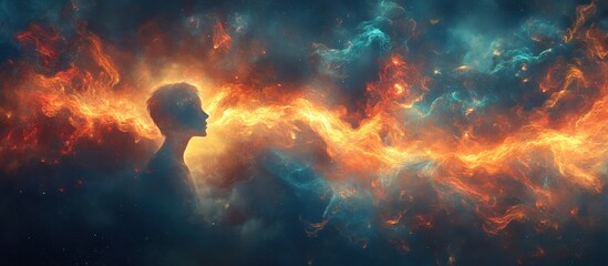 A silhouette against a cosmic backdrop, symbolizing the connection between mind and universe.