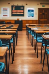 A classroom setting with rows of desks and chairs, ready for students.