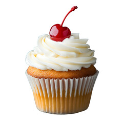 Cupcake with white whip cream and a cherry on top isolated on transparent background