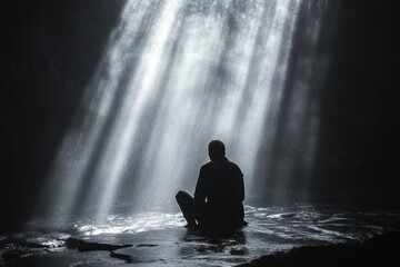 Obraz premium A silhouette of a person sitting in serene light beams near a waterfall.