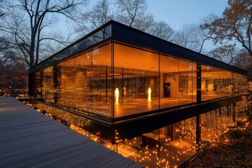 Obraz premium A stylish see-through house with enchanting lighting, resting in a wooded area, blending the wonders of innovative architecture with the magic of natural surroundings.