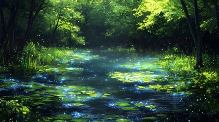 Obraz premium A serene forest scene with a tranquil pond, illuminated by soft blue and green lights reflecting off lily pads, creating a magical atmosphere.