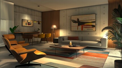 A sophisticated living space featuring modern furniture, warm lighting, and abstract art, creating an elegant ambiance.