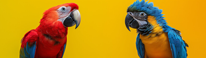 Fototapeta premium Vibrant red and blue parrots facing each other on a yellow background. Banner, header