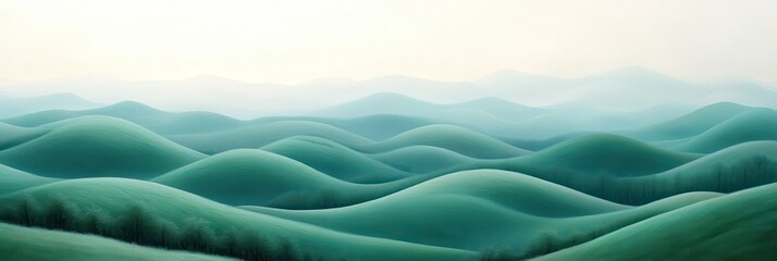 Morning Mist Over Gentle Hills, serene landscape of rolling hills blanketed in fog, illuminated by soft morning light