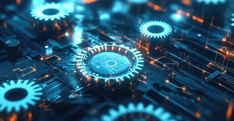 Interconnected Gears and Circuitry. AI generated illustration.