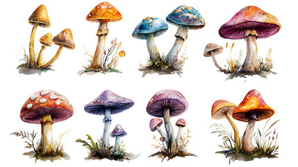 Set of Watercolor colorful Mushrooms isolated on transparent background
