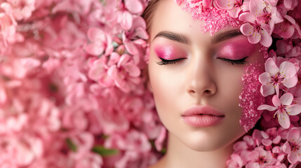 Naklejka premium Woman with pink floral makeup and delicate blossoms in dreamy close-up. Banner with copy space 