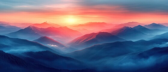 Serene mountain vista, gentle light illuminating soft contours, subtle clouds drifting, distant peaks emerging in the tranquil landscape