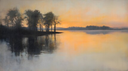 Fototapeta premium 164. A tranquil lakeside scene at dusk, with reflections of trees in the calm water
