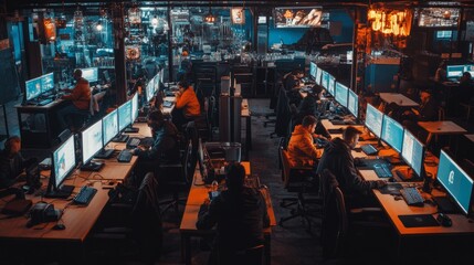 Obraz premium Internet cafe interior featuring rows of powerful gaming PCs and participants competing in a high-stakes match.