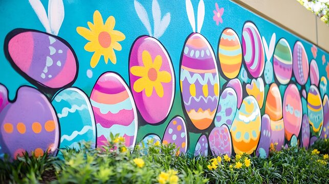 34. A vibrant mural featuring Easter eggs and bunnies painted on a wall for a festive event