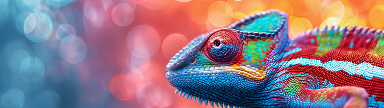 Colorful chameleon in vivid profile with bright bokeh background. Banner or header