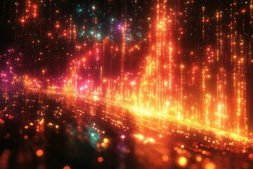 Fototapeta premium A vibrant display of glowing particles creating a dynamic, abstract digital landscape.
