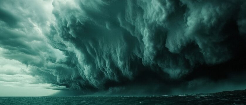 Towering storm clouds rolling across a dramatic coastal landscape with vibrant ocean hues