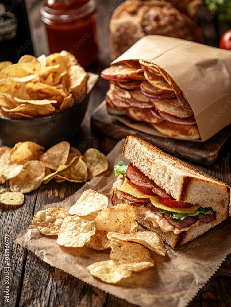 Poster a delightful spread of sandwiches accompanied by crispy potato chips and condiments served on a rust