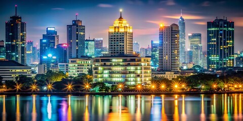 Fototapeta premium Bokeh Effect of Watanawipad Building, Metropolitan Electricity Authority, Illuminating Bangkok's Skyline at Night