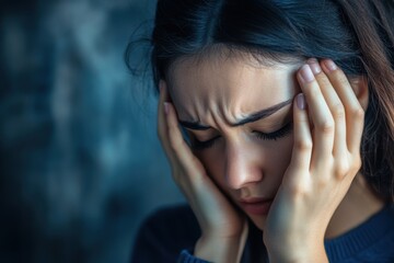 Tired woman have headache  migraine  dizziness and other chronic fatigue syndrome symptoms.