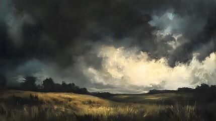 Obraz premium 172. A dramatic stormy sky over a peaceful countryside, with dark clouds and flashes of lightning