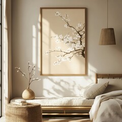 A serene room decorated with a framed cherry blossom art and neutral tones, bathed in natural light, exuding tranquility.