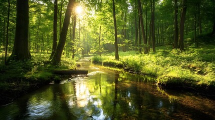 Obraz premium 173. A tranquil river winding through a lush forest, with sunlight filtering through the leaves