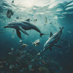 Fototapeta premium The Dire Consequences of Ocean Pollution: Plastics, Toxic Chemicals, and Waste Covering the Water’s Surface, Threatening Marine Life and Calling for Urgent Global Environmental Solutions