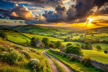 Naklejka premium Breathtaking English Landscape Panorama: Rolling Hills, Quaint Villages, and Vibrant Countryside Scenery