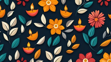 A vibrant floral and candle pattern featuring colorful flowers, leaves, and small lamps against a dark background.