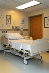 A hospital room featuring a bed, medical equipment, and a calming environment.